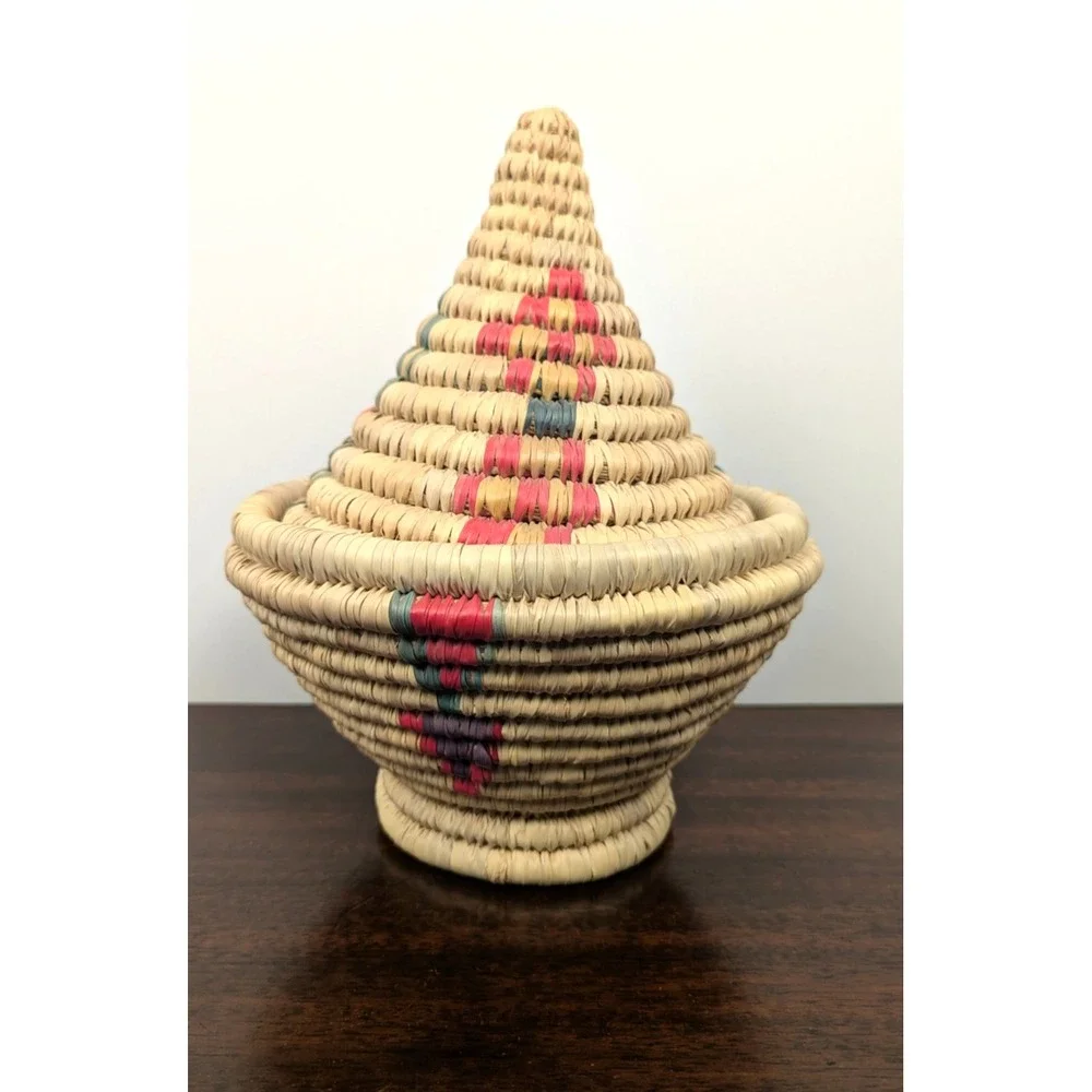 Handwoven Lidded Coiled Grass Basket Southwest Storage Decor 10in Multicolor